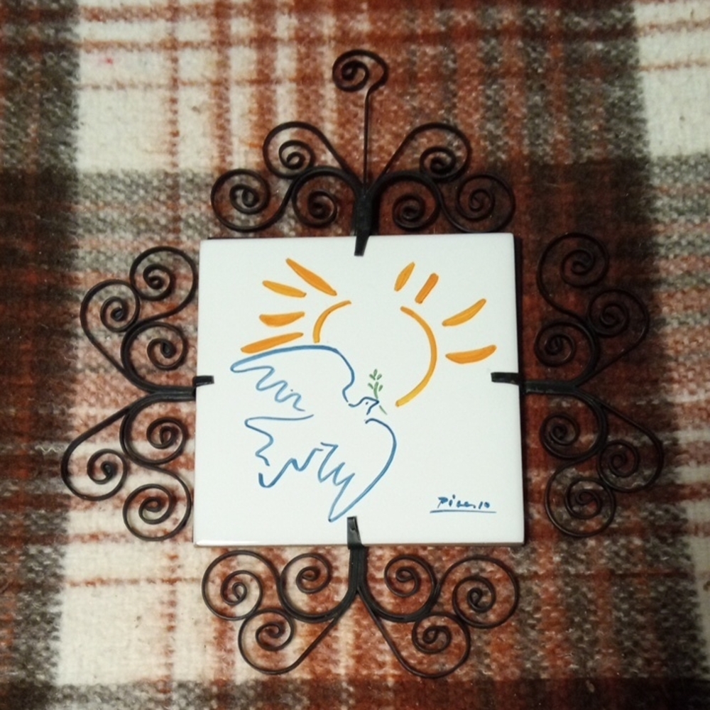 Decorative Ceramic Tile with Dove and Sun Design